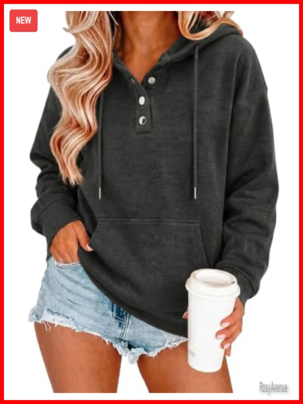 Zeagoo Women's V-Neck Button Front Hooded Sweatshirt Oversized
